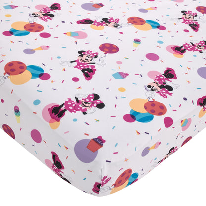 Disney Minnie Mouse Let's Party Pink, Lavender, and White Balloons, Cupcakes, and Confetti Party at Minnie's 4 Piece Toddler Bed Set - Comforter, Fitted Bottom Sheet, Flat Top Sheet, and Reversible Pillowcase