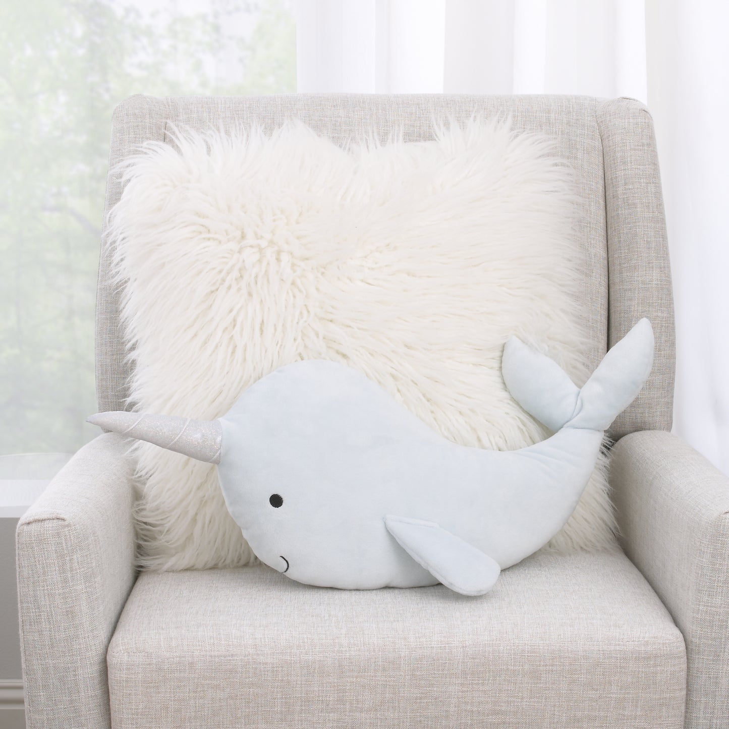 Little Love by NoJo Light Blue Whimsical Narwhal Shaped Decorative Pillow with 3D Silver Metallic Horn