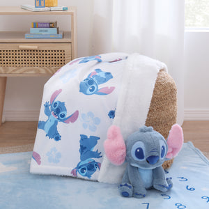 NoJo Disney Stitch Sherpa Baby Blanket, Blue, Pink, and White