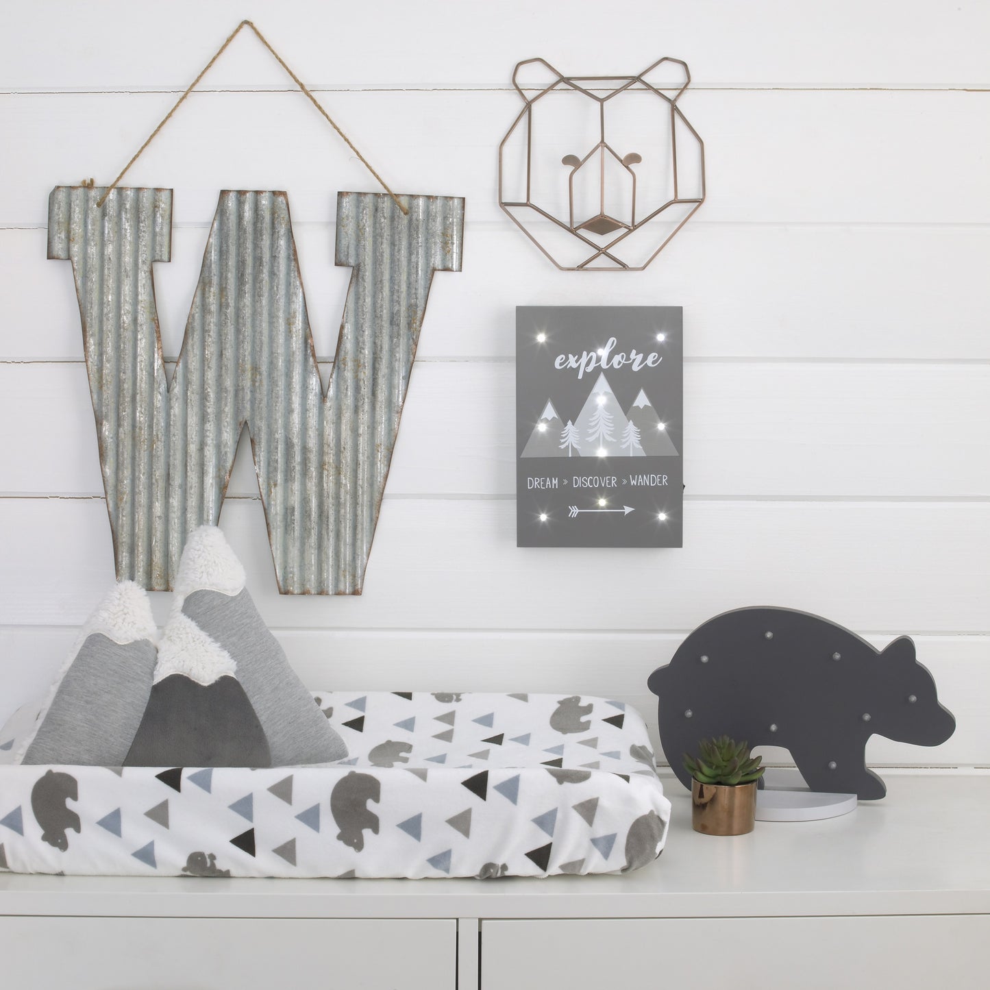Little Love by NoJo Grey, White, Charcoal Mountains "Explore, Dream, Discover, Wander" Lighted Wall Décor