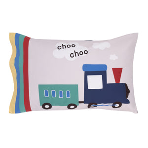 Everything Kids Choo Choo Train Gray, Blue, Red, and Yellow All Aboard 4 Piece Toddler Bed Set - Comforter, Fitted Bottom Sheet, Flat Top Sheet, Reversible Pillowcase