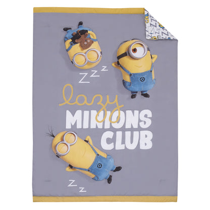 Illumination Lazy Minions Club Gray, Blue, Yellow, and White Let Me Sleep 4 Piece Toddler Bed Set - Comforter, Fitted Bottom Sheet, Flat Top Sheet, and Reversible Pillowcase