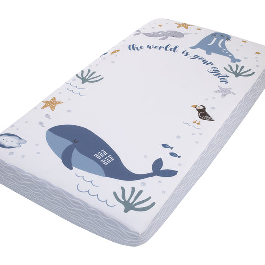 NoJo Arctic Adventure Light Blue, White, and Navy Whales, Narwhal, and Walrus "The World is your Oyster" 100% Cotton Photo Op Fitted Crib Sheet