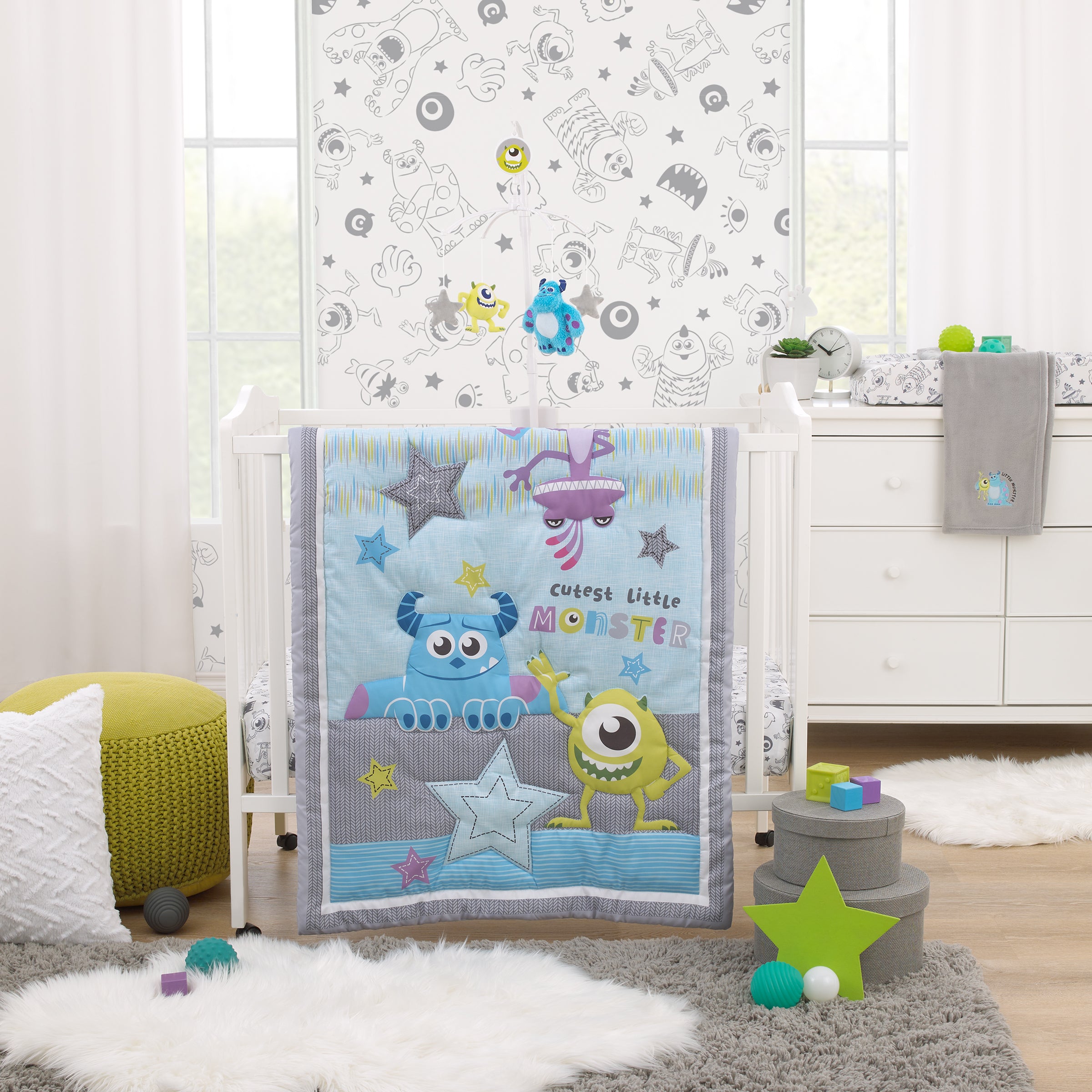 Disney Monsters Inc. Cutest Little Monster Turquoise Green Purple and Gray Sully Mike and Randall 3 Piece Nursery Mini Crib Bedding Set Comforter and Two Fitted Mini Crib Sheets NoJo Baby