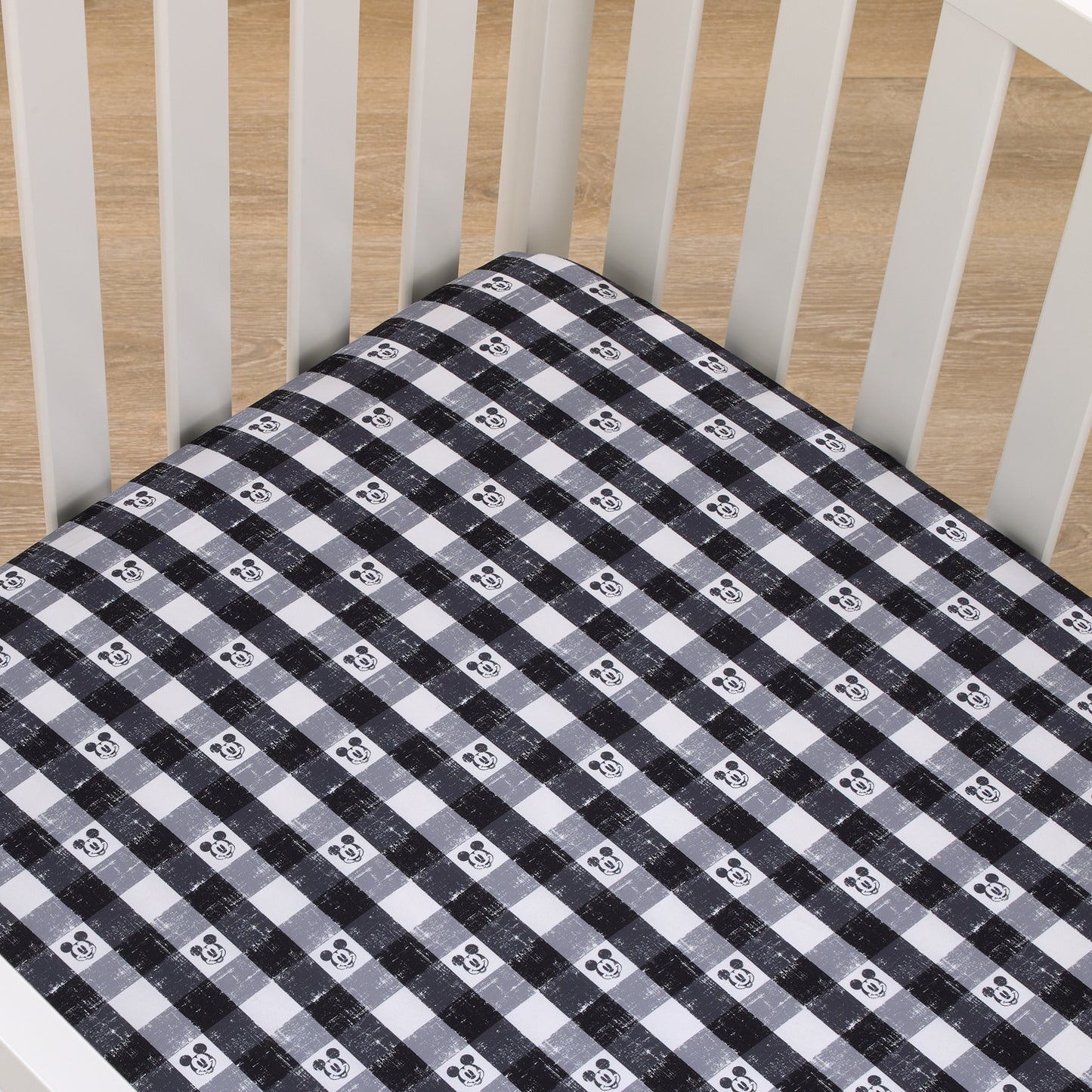 Disney Mickey Mouse - Black, White and Gray Plaid Nursery Fitted Crib Sheet