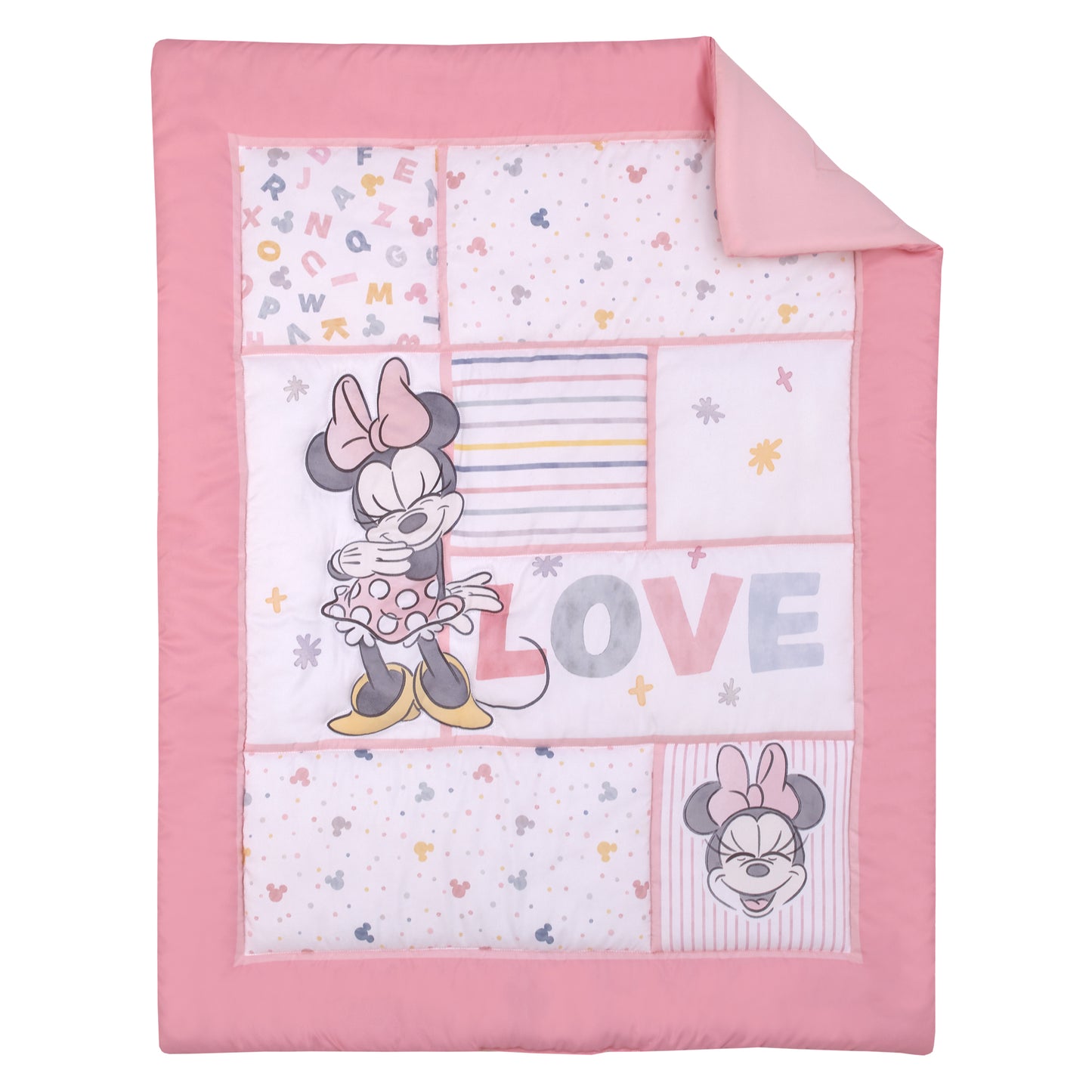 Disney Minnie Mouse Lovely Little Lady Pink and White Stripes and Dots 3 Piece Nursery Crib Bedding Set - Comforter, Fitted Crib Sheet and Crib Skirt