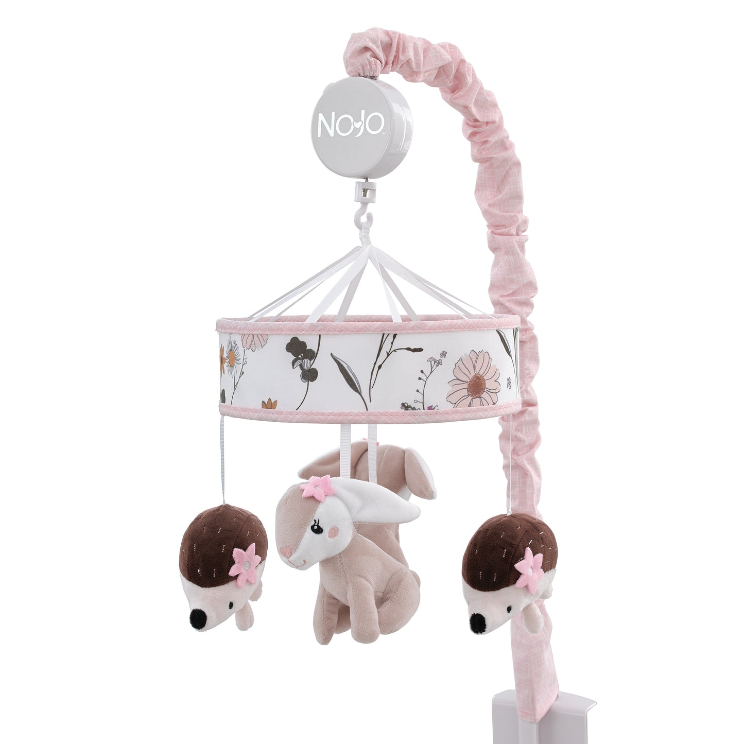 NoJo Keep Blooming Pink Florals with Taupe Bunny and Brown Hedgehog Musical Mobile