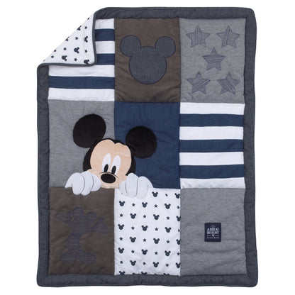 Disney Mickey Mouse Hello World Denim/Star/Icon 4 Piece Nursery Crib Bedding Set  - Patchwork Appliqued Comforter, 100% Cotton Fitted Crib Sheet, Crib Skirt with 16" Drop, Diaper Stacker (copy)