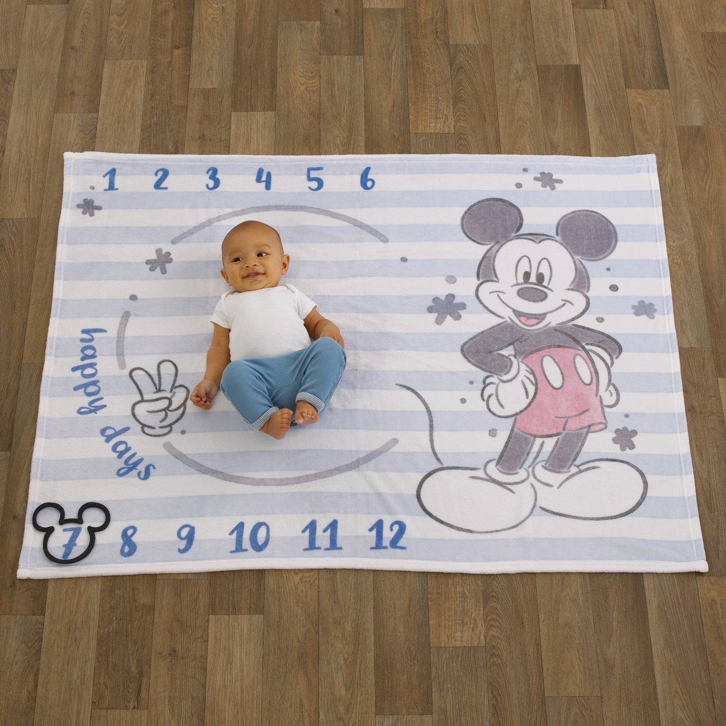 Disney Mickey Mouse Light Blue, Red and White Super Soft Milestone Baby Blanket