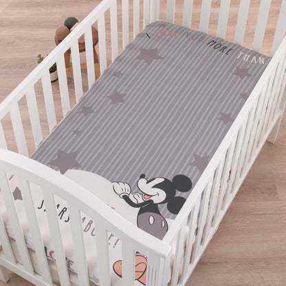 Disney Mickey Mouse Love Mickey Gray, White, and Tan I Love You More Than All The Stars Above Photo Op 100% Cotton Fitted Crib Sheet