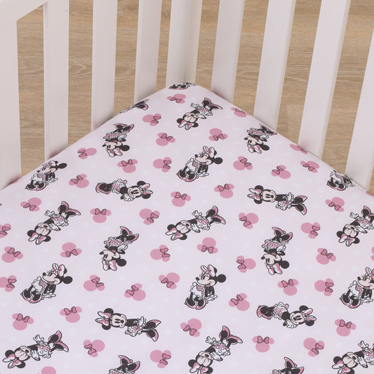 Disney Minnie Mouse Pink, Black, and White  Super Soft Nursery Fitted Mini Crib Sheet