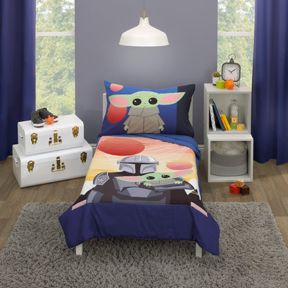Star Wars The Mandalorian and The Child Grogu Blue, and Yellow, and Orange Din Djarin Twin Suns 4 Piece Toddler Bed Set - Comforter, Fitted Bottom Sheet, Flat Top Sheet, and Reversible Pillowcase