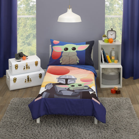 The Mandalorian and The Child Grogu Blue, and Yellow, and Orange Din Djarin Twin Suns 4 Piece Toddler Bed Set - Comforter, Fitted Bottom Sheet, Flat Top Sheet, and Reversible Pillowcase