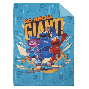 Sesame Street Mecha Builders Blue, Red, and Gold, with Cookie Monster, Elmo and Abby 4 Piece Toddler Bed Set - Comforter, Fitted Bottom Sheet, Flat Top Sheet, and Reversible Pillowcase