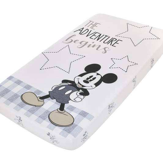 Disney Mickey Mouse - Call Me Mickey White and Blue The Adventure Begins Stars and Gingham 100% Cotton Photo Op Nursery Fitted Crib Sheet