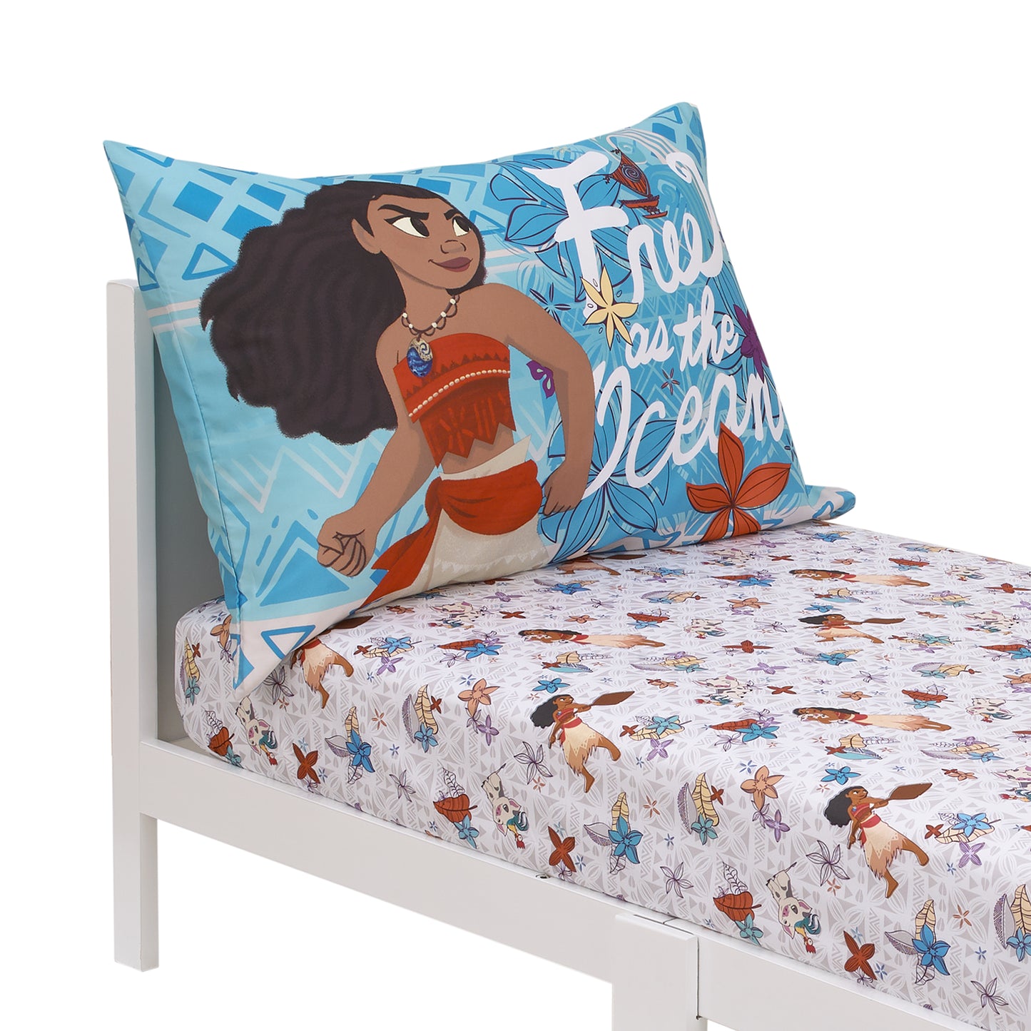 Disney Moana Free as the Ocean Aqua, Purple, Orange, and White Tropical 2 Piece Toddler Sheet Set - Fitted Bottom Sheet and Reversible Pillowcase