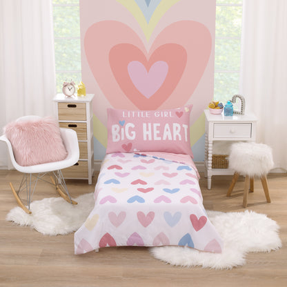 Everything Kids Hearts Pink, Blue and White Little Girl Big Heart 4 Piece Toddler Bed Set - Comforter, Fitted Bottom Sheet, Flat Top Sheet, and Reversible Pillowcase