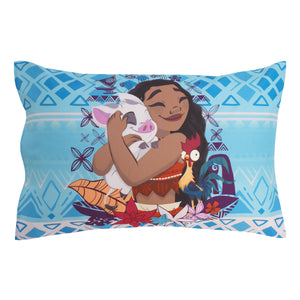 Disney Moana Free as the Ocean Aqua, Purple, Orange and White Tropical 4 Piece Toddler Bed Set - Comforter, Fitted Bottom Sheet, Flat Top Sheet, and Reversible Pillowcase
