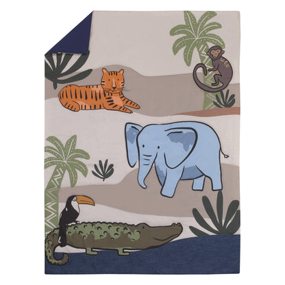 Carter's Jungle Navy, Tan, Blue, and Orange Oh Snap! It's Bedtime 4 Piece Toddler Bed Set - Comforter, Fitted Bottom Sheet, Flat Top Sheet, and Reversible Pillowcase