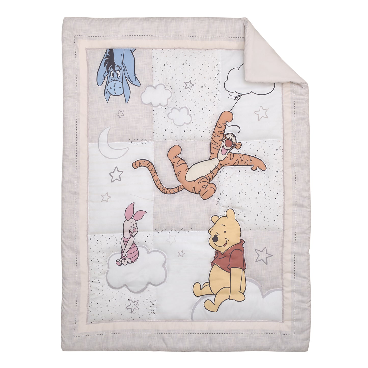 Disney Winnie the Pooh - Blustery Day Grey and White Clouds with Piglet, Tigger and Eeyore 3 Piece Nursery Crib Bedding Set - Comforter, Fitted Crib Sheet and Crib Skirt