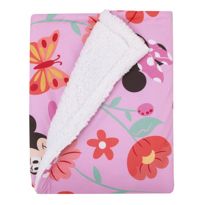 Disney Minnie Mouse Springtime Flowers Pink Orange, Green, and White Super Soft Sherpa Baby Blanket