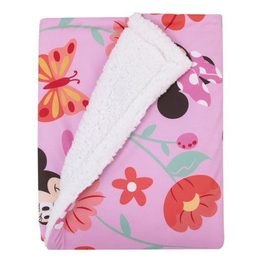 Minnie Mouse Springtime Flowers Pink Orange, Green, and White Super Soft Sherpa Baby Blanket