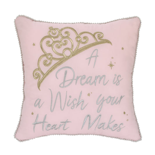 Disney Princess Enchanting Dreams Pink and Gold Embroidered Crown Decorative Throw Pillow with White Pom Pom Trim