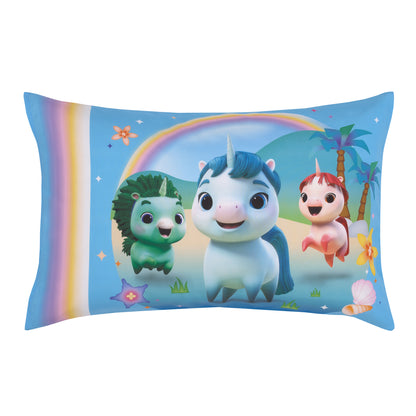 DreamWorks Not Quite Narwhal Make A Splash Blue and Lavender, Unicorn Kelp, and Friends 4 Piece Toddler Bed Set - Comforter, Fitted Bottom Sheet, Flat Top Sheet, and Reversible Pillowcase