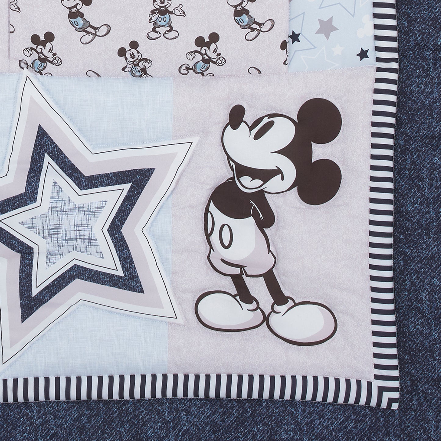 Disney Mickey Mouse Timeless Mickey Gray, White, and Blue Stars and Icons 3 Piece Nursery Mini Crib Bedding Set - Comforter and Two Fitted Mini Crib Sheets