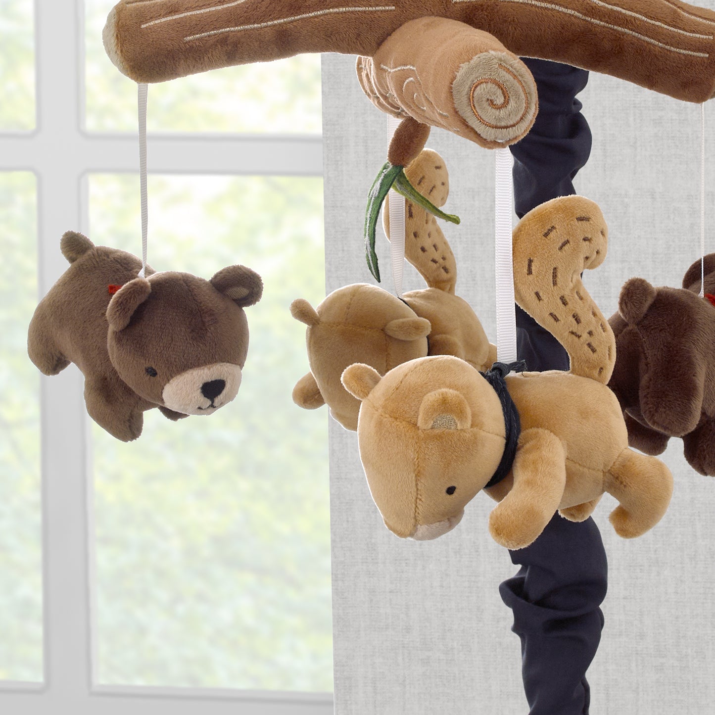 NoJo Into the Wilderness Brown, Tan and Navy, Logs, Bear and Beaver Plush Musical Mobile