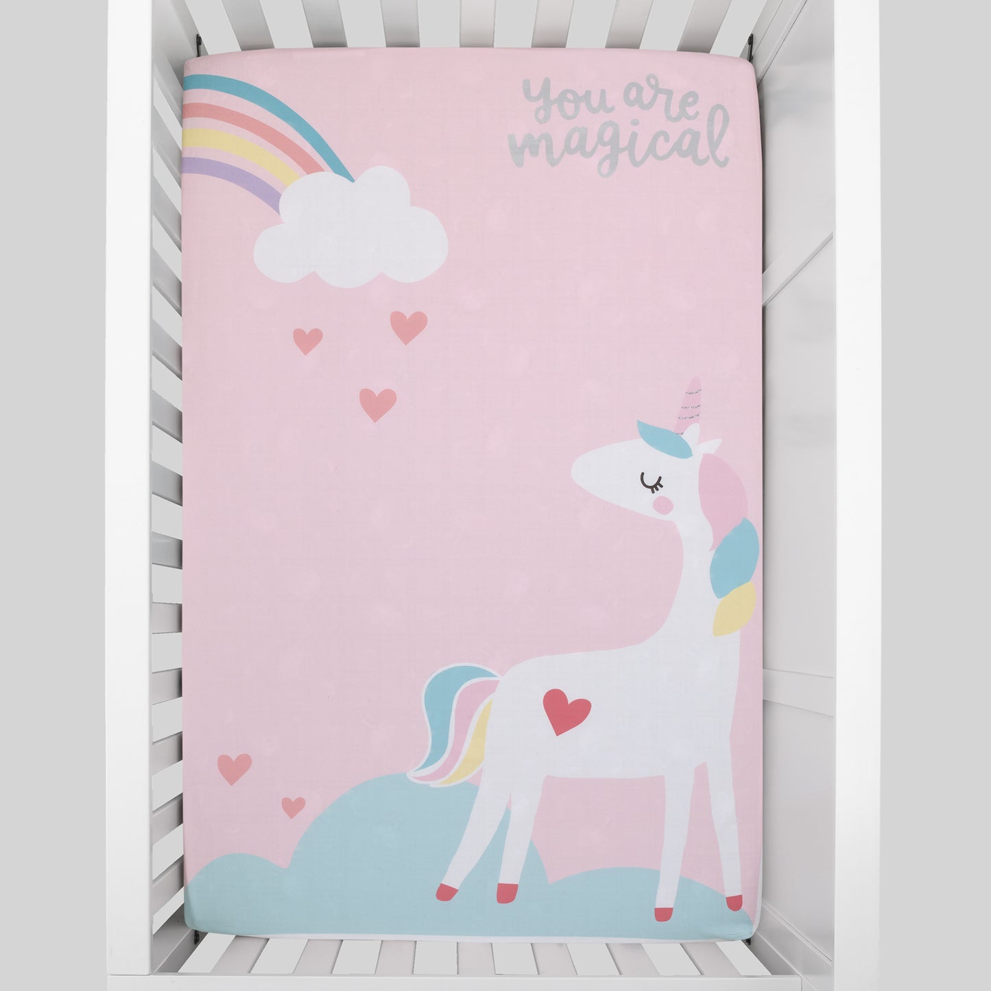 Little Love by NoJo Rainbow Unicorn Multi Colored You Are Magical Photo Op Fitted Mini Crib Sheet