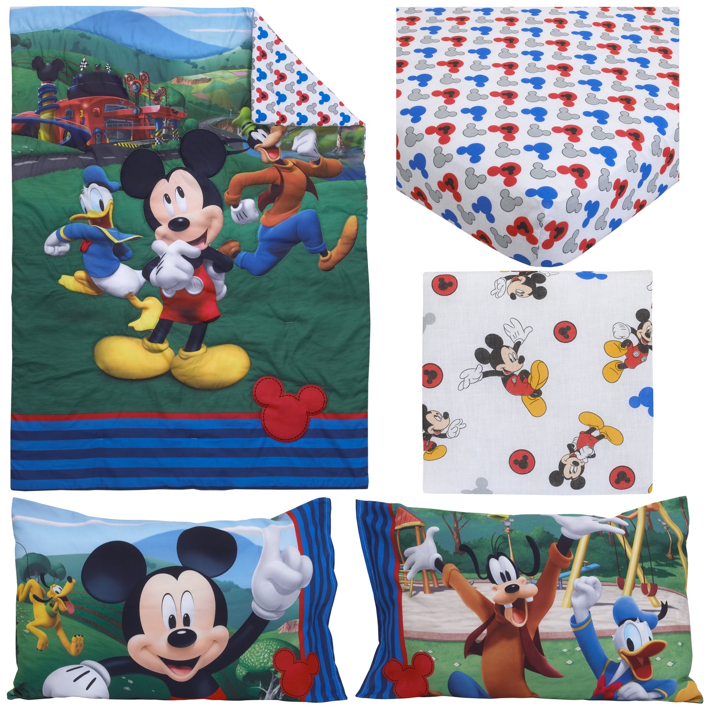 Disney Mickey's Big Adventure Blue, Red, Yellow and Green 4 Piece Toddler Bed Set - Comforter, Fitted Bottom Sheet, Flat Top Sheet, Reversible Pillowcase