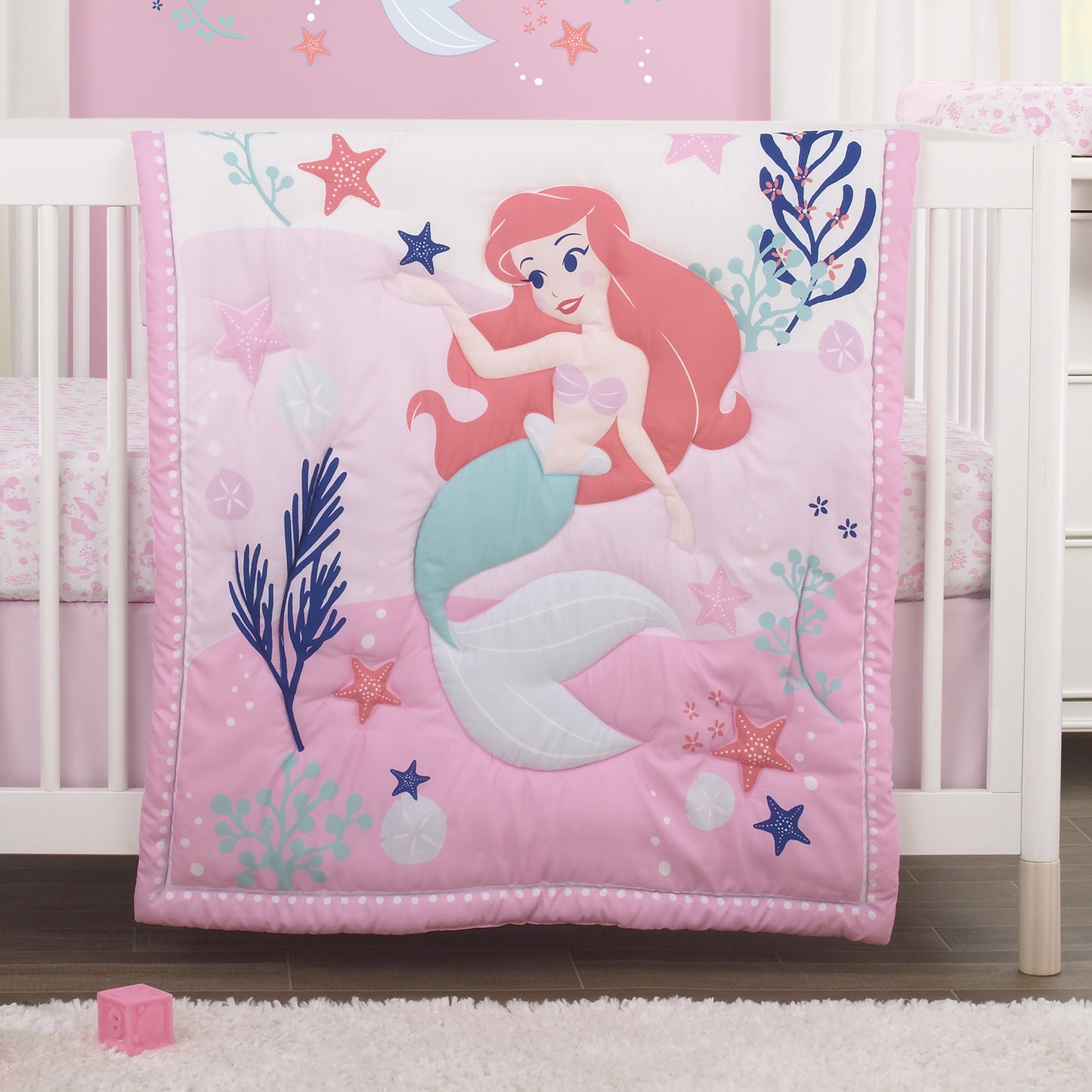Disney The Little Mermaid Pink, Aqua, and Coral Ariel Cute by Nature 4 Piece Nursery Crib Bedding Set - Comforter, Fitted Crib Sheet, Changing Pad Cover, and Crib Skirt