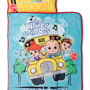 NoJo Cocomelon Wheels on the Bus Toddler Nap Mat - Includes Attached Pillow and Fleece Blanket