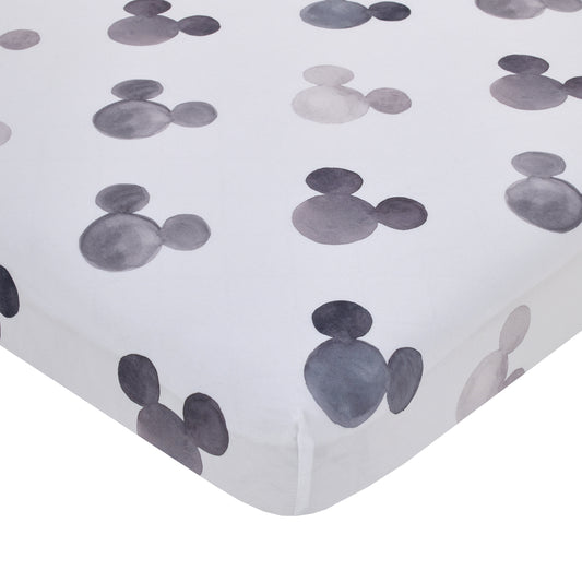 Disney Mickey Mouse - Black, White and Gray Watercolor Mickey Ears Nursery Fitted Mini Crib Sheet