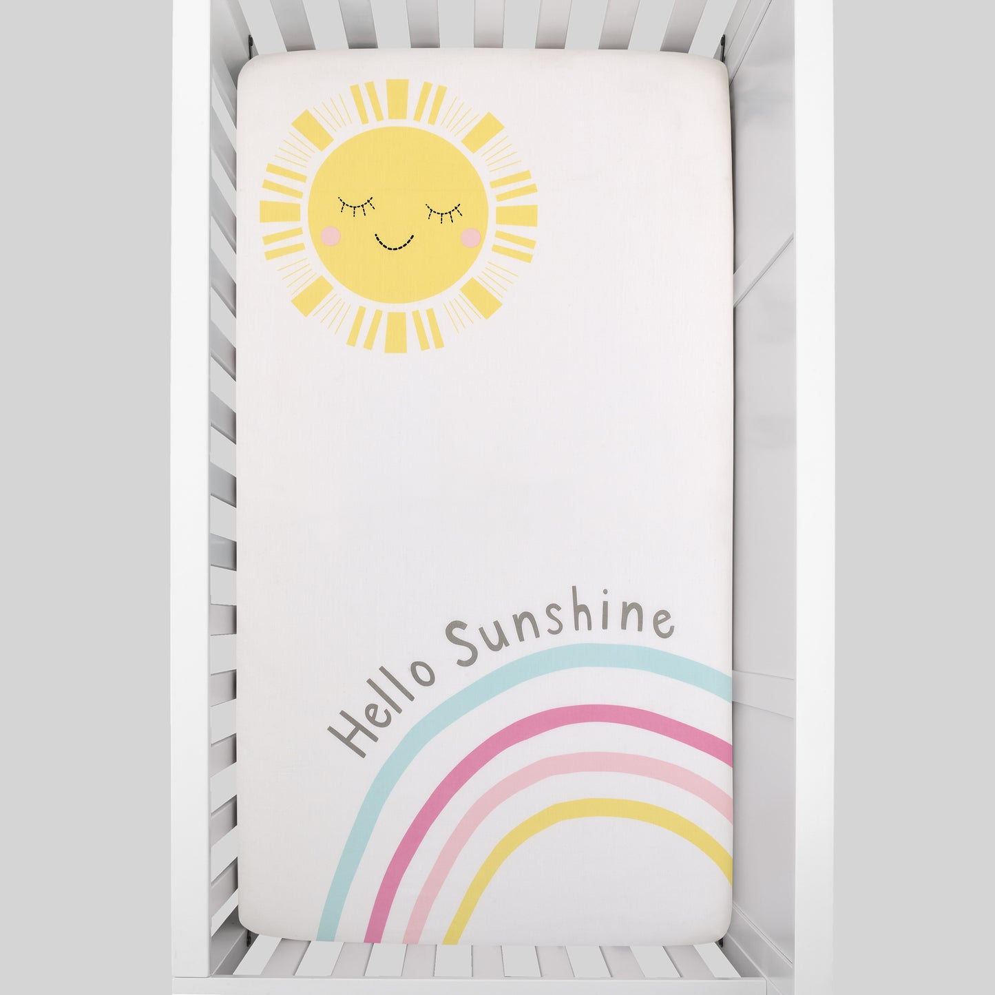 NoJo Happy Days Pink, Yellow, Blue and White, Rainbows and Hello Sunshine 100% Cotton Photo Op Nursery Fitted Crib Sheet