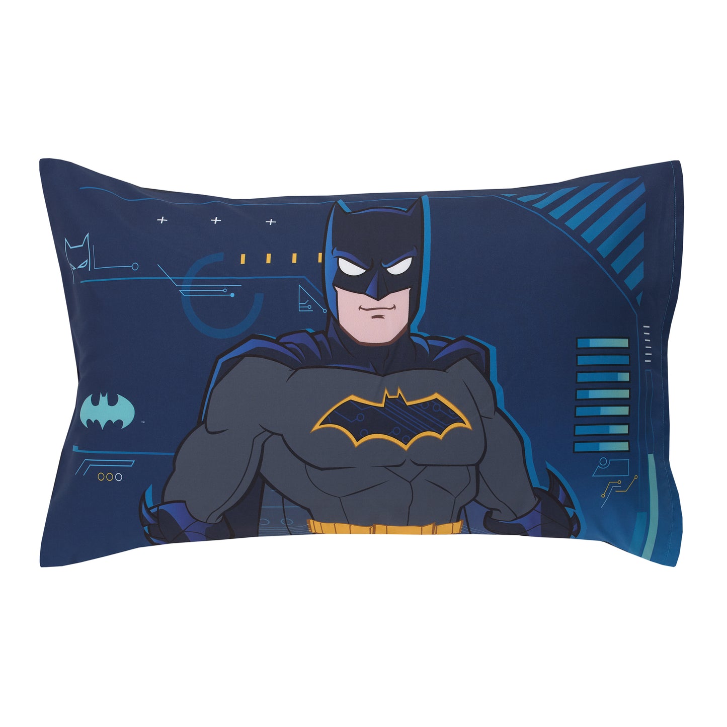 Warner Brothers Batman Bat-Tech Navy, Teal, Royal Blue, and Black 4 Piece Toddler Bed Set - Comforter, Fitted Bottom Sheet, Flat Top Sheet, and Reversible Pillowcase