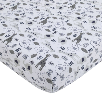 NoJo Love You To The Moon - 100% Cotton Navy, Grey and White Elephant and Giraffe Nursery Fitted Crib Sheet