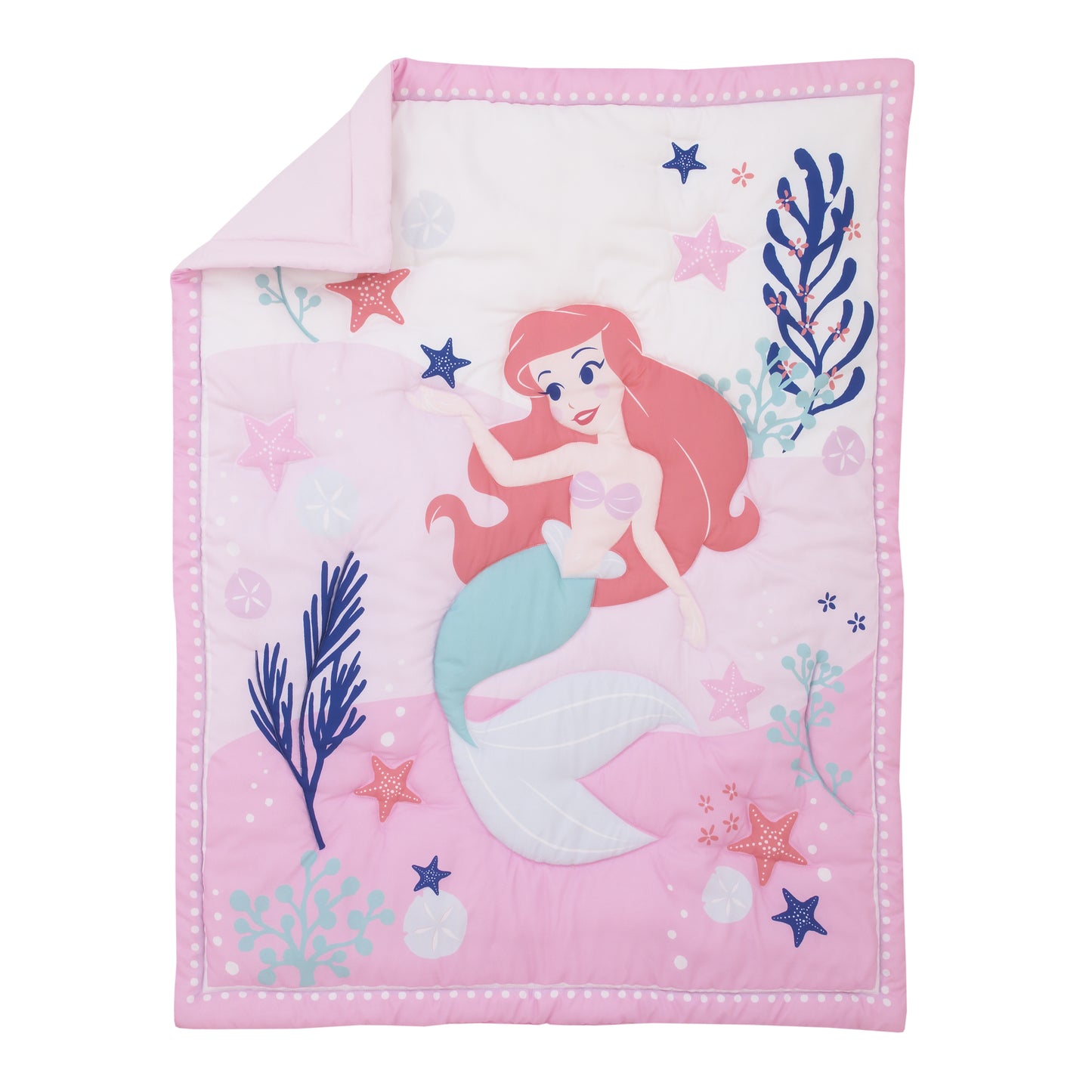 Disney The Little Mermaid Pink, Aqua, and Coral Ariel Cute by Nature 4 Piece Nursery Crib Bedding Set - Comforter, Fitted Crib Sheet, Changing Pad Cover, and Crib Skirt