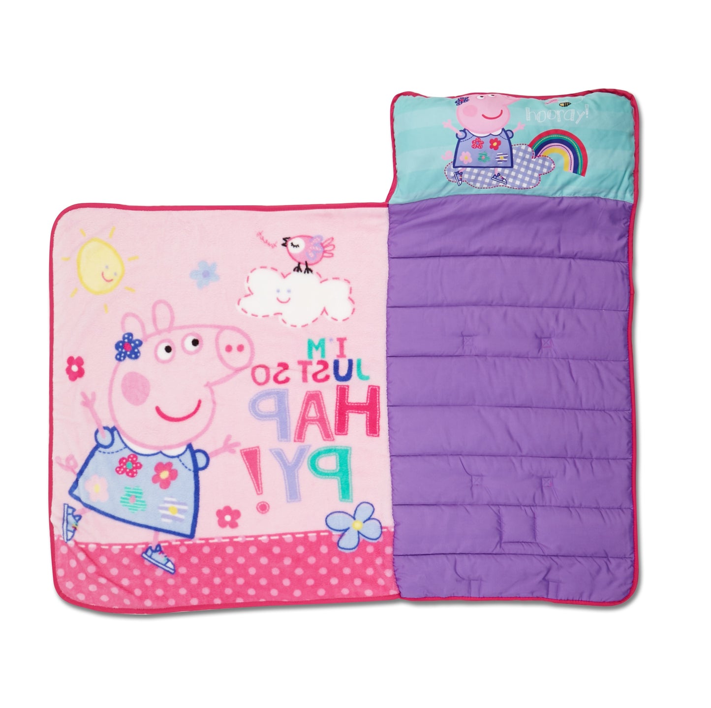 NoJo Peppa Pig I'm so Happy Toddler Nap Mat - Includes Attached Pillow and Fleece Blanket