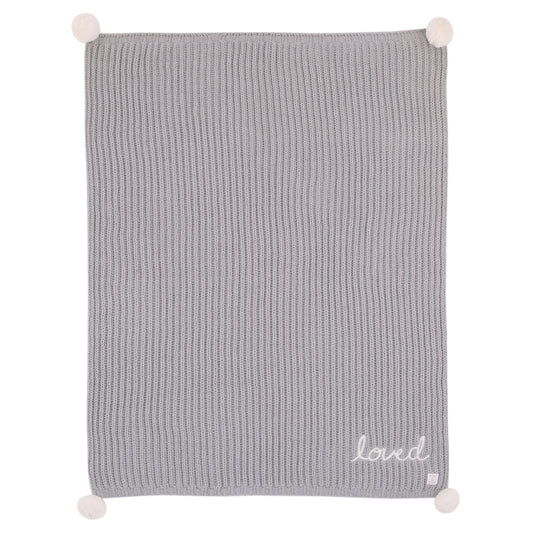 Ever & Ever Loved Gray Chenille Super Soft Pom Pom Baby Blanket with Embroidery