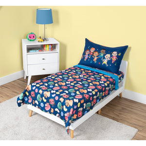 NoJo CoComelon A,B,C Fun 4 Piece Toddler Bed Set - Comforter, Fitted Bottom Sheet, Flat Top Sheet, Reversible Pillowcase, Blue, and Orange