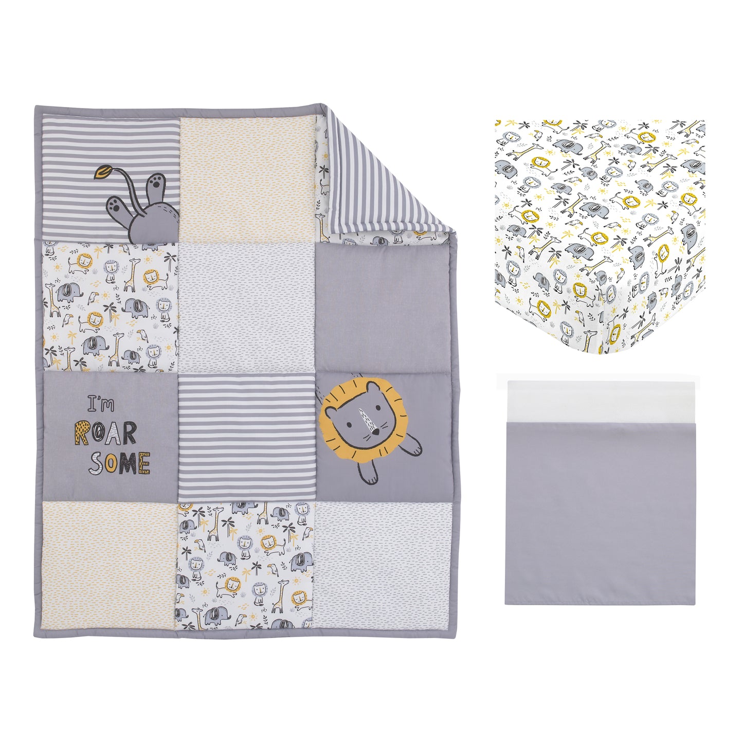 Little Love by NoJo Roarsome Lion - Grey, Yellow, White 3 Piece Nursery Crib Bedding Set with Comforter, Fitted Crib Sheet, Dust Ruffle