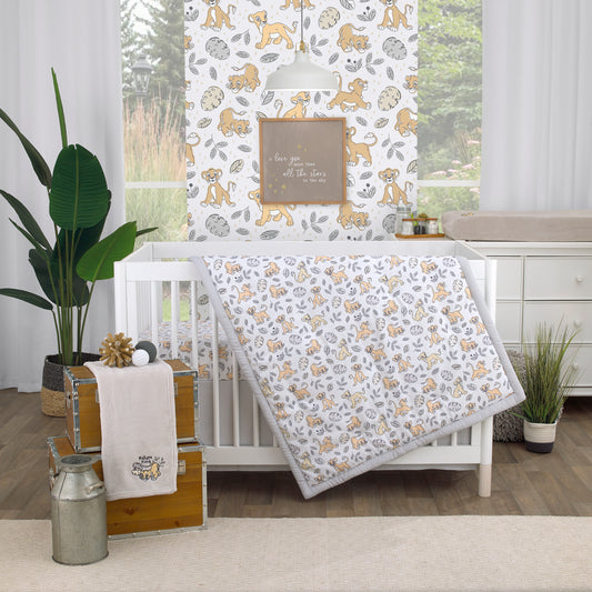 Lion King Daddy's Little Cub Grey, White and Tan Simba and Nala 6 Piece Nursery Crib Bedding Set - Comforter, Two Fitted Crib Sheets, Crib Skirt, Blanket and Changing Pad Cover