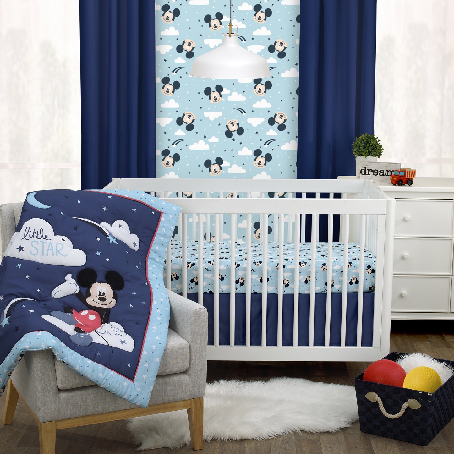 Disney Mickey Mouse Little Star Blue, Navy and White Cloud Moon and Stars 3 Piece Nursery Crib Bedding Set - Comforter, Fitted Crib Sheet, and Crib Skirt