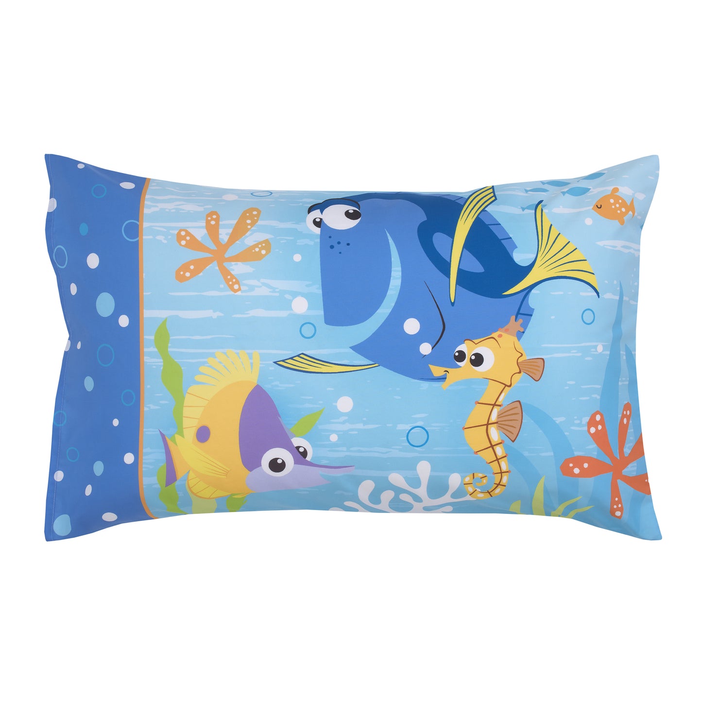 Disney Finding Nemo Aqua, Orange, and Green Let's Explore 4 Piece Toddler Bed Set - Comforter, Fitted Bottom Sheet, Flat Top Sheet, and Reversible Pillowcase