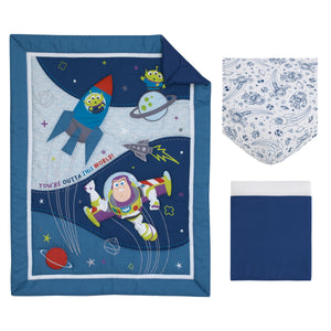 Toy Story Outta This World Blue and Gray 3 Piece Nursery Crib Bedding Set - Comforter,  Fitted Crib Sheet, and Crib Skirt