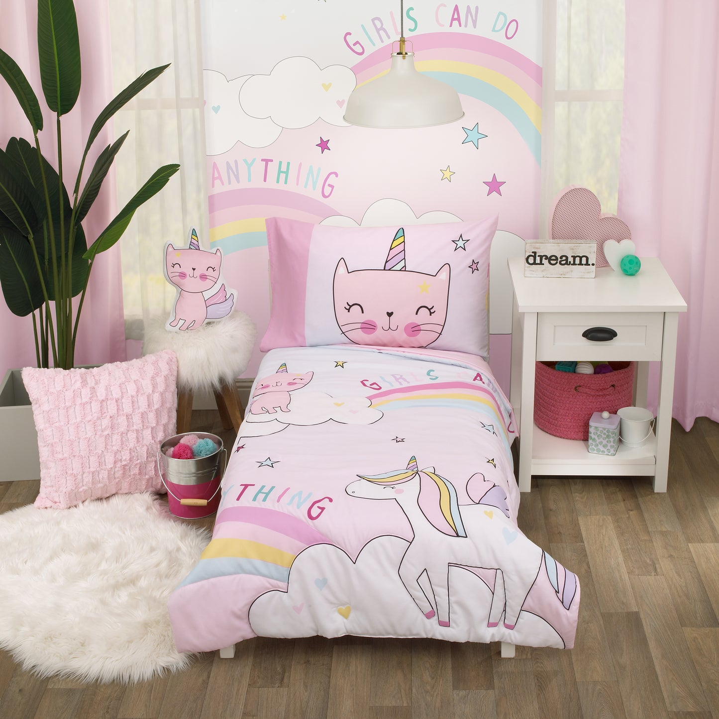 Everything Kids Caticorn Girl Power Pink and White with Pastel Rainbows and White Clouds Girls Can Do Anything Unicorn Stars 4 Piece Toddler Bed Set - Comforter, Fitted Bottom Sheet, Flat Top Sheet, and Reversible Pillowcase