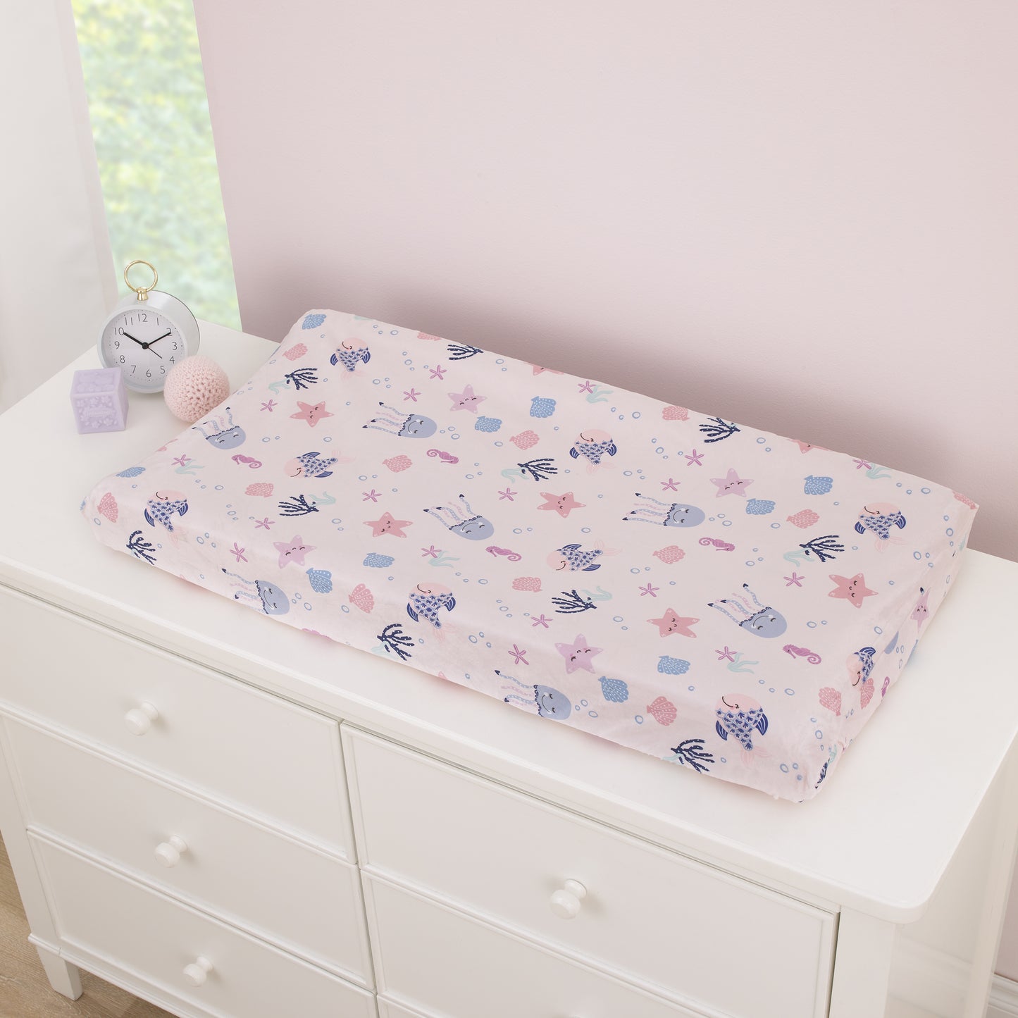 NoJo Mermaid Lagoon Pink, and Blue Sea Friends Super Soft Contoured Changing Pad Cover