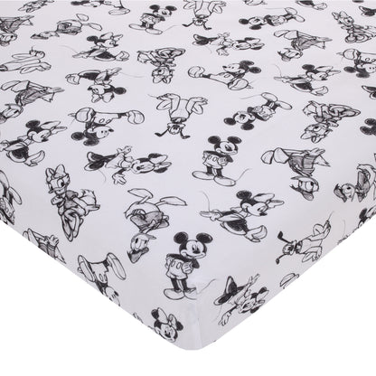 Disney Mickey Mouse - Charcoal, Black and White Mickey and Friends, Minnie Mouse, Donald Duck  and Pluto Nursery Fitted Mini Crib Sheet